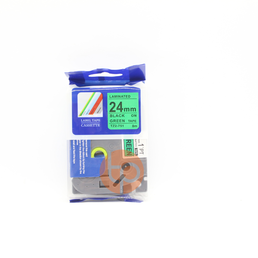 Nhãn in TZ2-751, khổ rộng 24mm * dài 8m, chữ đen nền xanh lá
