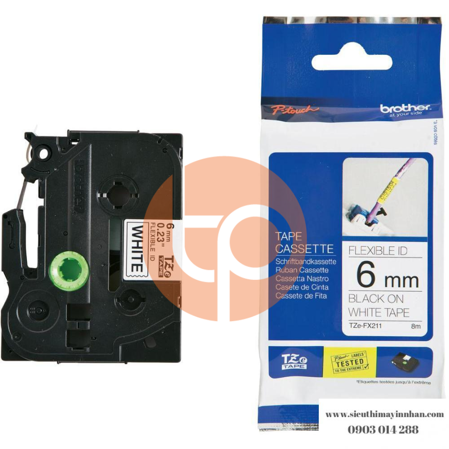 Nhãn in Brother TZE-FX211, khổ rộng 6mm * dài 8m, siêu dẻo, chữ đen nền trắng.