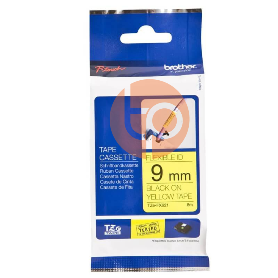 Nhãn in Brother TZE-FX621, siêu dẻo, khổ rộng 9mm x dài 8m, chữ đen nền trắng.