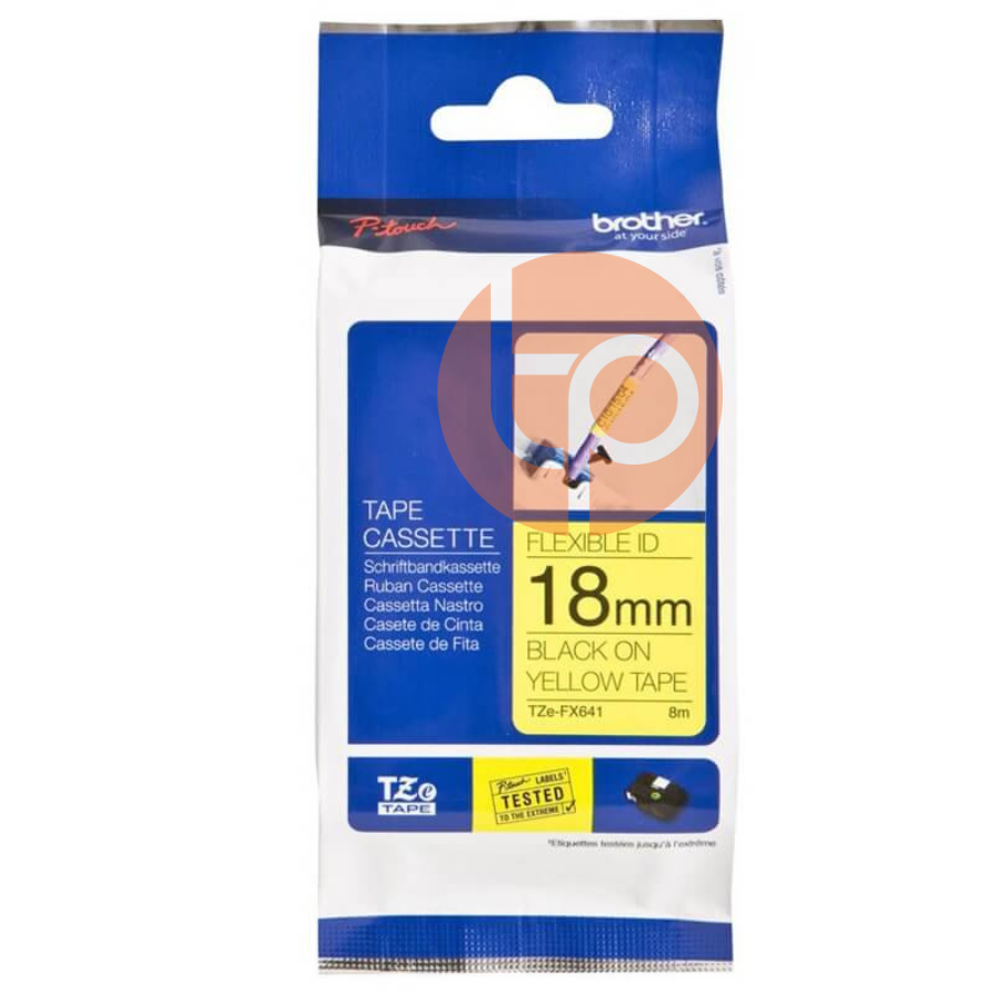 Nhãn in Brother TZE-FX641, siêu dẻo, khổ rộng 18mm x dài 8m, chữ đen nền vàng.