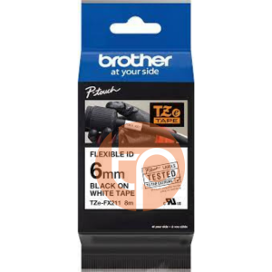Nhãn in Brother TZE-FX211, khổ rộng 6mm * dài 8m, siêu dẻo, chữ đen nền trắng.