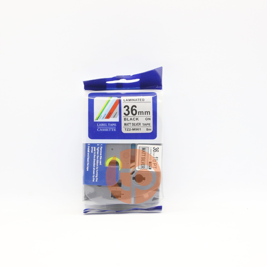 Nhãn in TZ2-M961, Khổ rộng 36mm * dài 8m, chữ đen nền bạc.