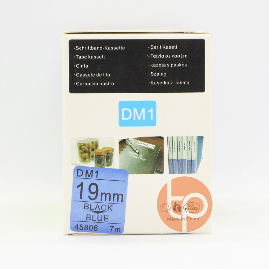 Băng in nhãn Dymo DM-45806, chữ đen nền xanh dương, khổ rộng 19mm * dài 7m.