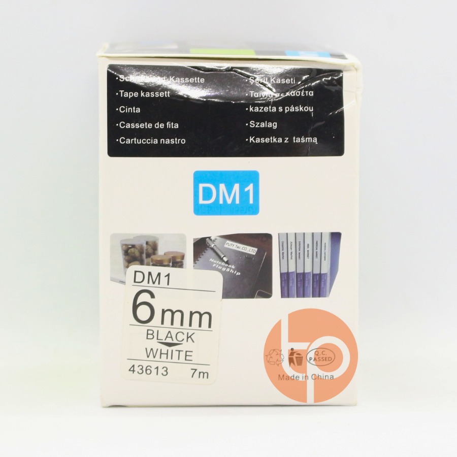 Nhãn in Dymo DM-43613, chữ đen nền trắng, khổ rộng 6mm * dài 7m.