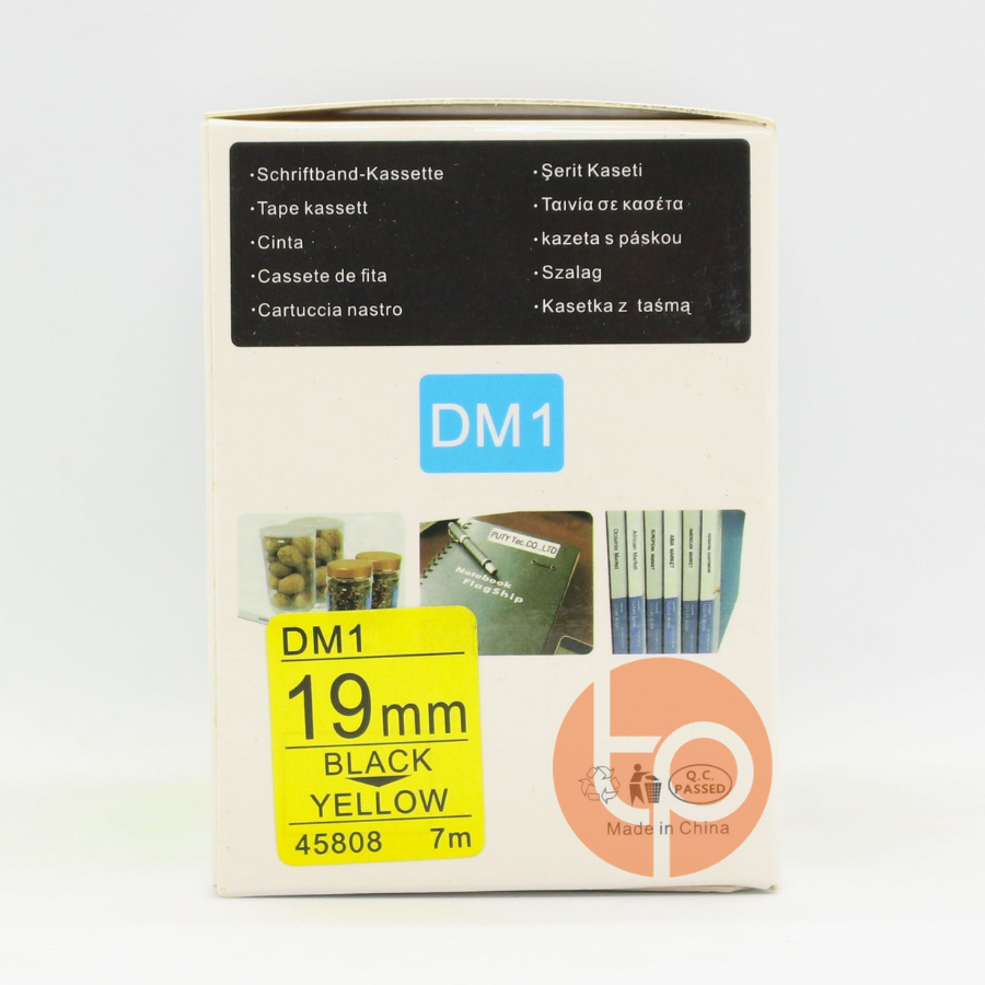 Nhãn in Dymo DM-45808, chữ đen nền vàng, khổ rộng 19mm * dài 7m.