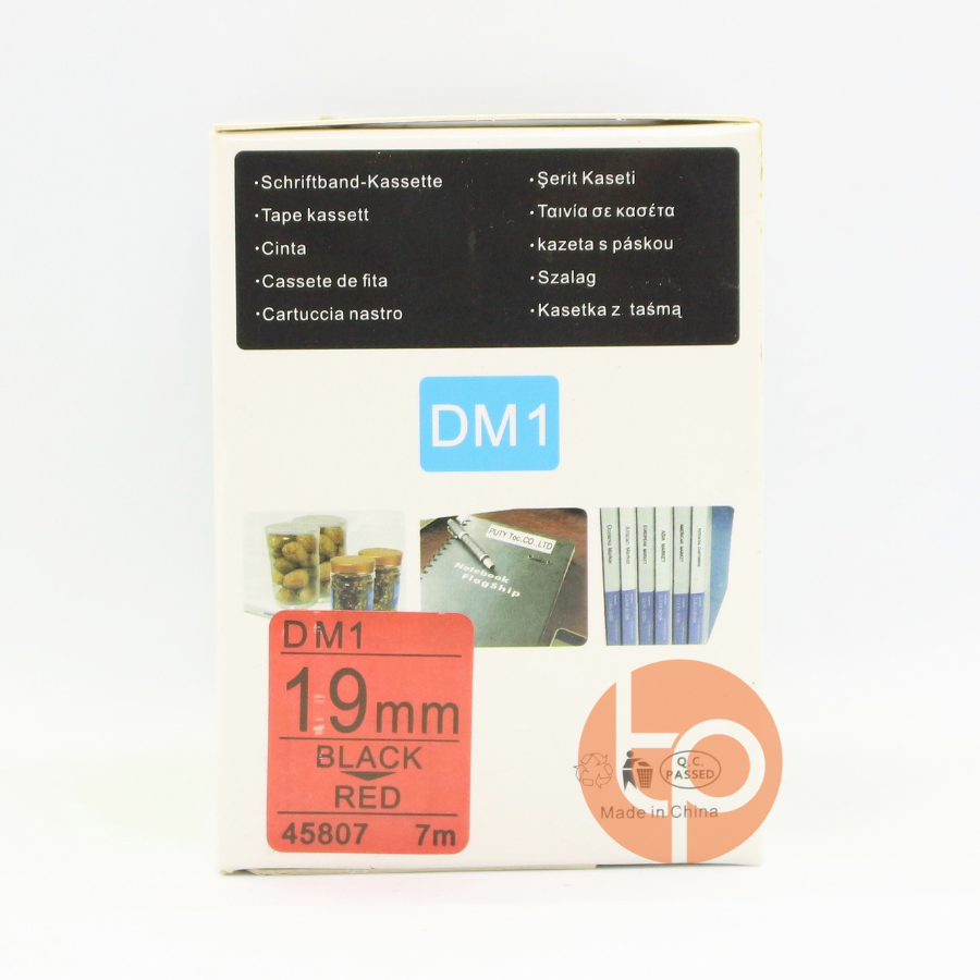 Nhãn in Dymo DM-45807, chữ đen nền đỏ, khổ rộng 19mm * dài 7m.