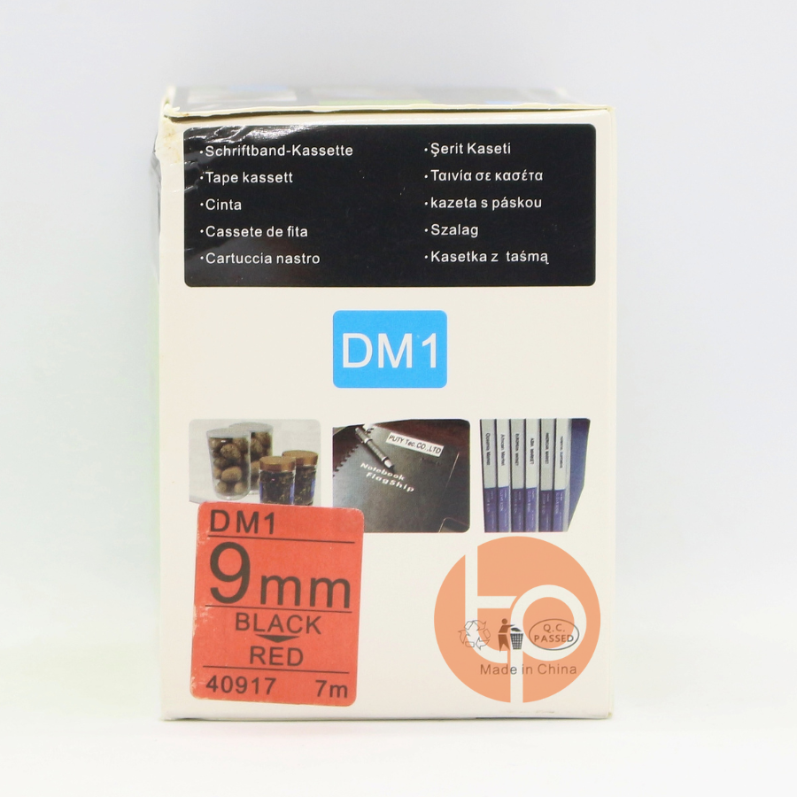 Băng in nhãn Dymo DM-40917 chữ đen nền đỏ, khổ rộng 9 MM dài 7 mét, sử dụng cho máy Dymo LabelManager.