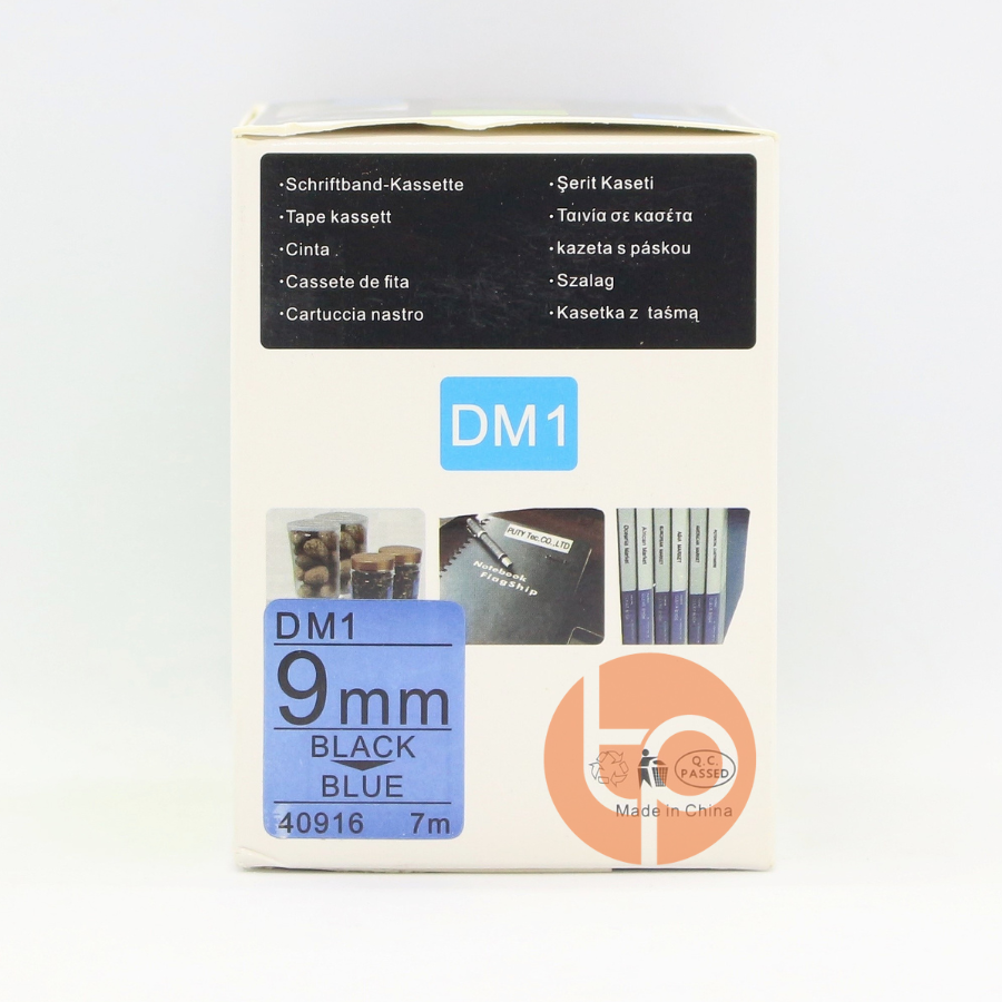 Băng in nhãn Dymo DM-40916, chữ đen nền xanh dương, khổ rộng 9mm.