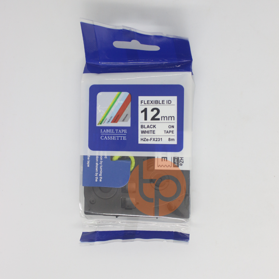 Nhãn in AZE-FX231, khổ rộng 12mm * dài 8m, chữ đen nền trắng.