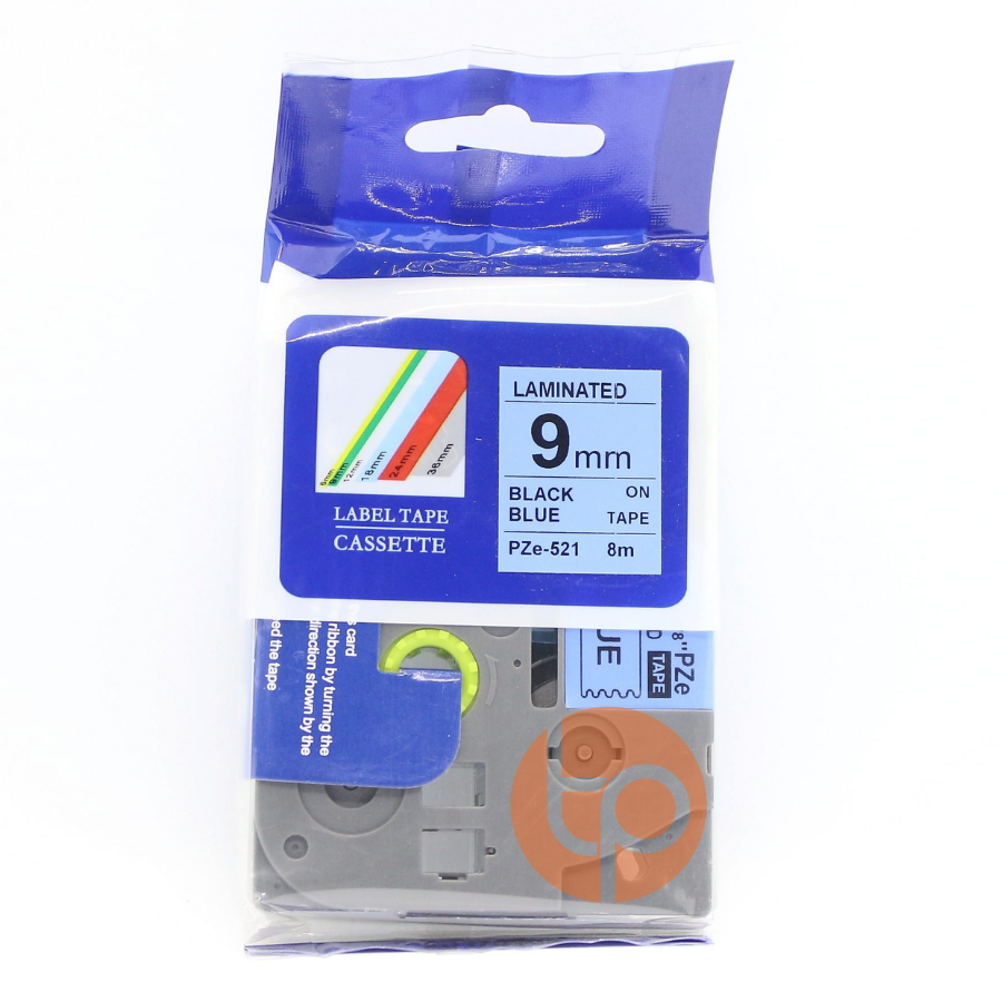 Nhãn in AZE-521, khổ rộng 9mm * dài 8m, chữ đen nền xanh dương.