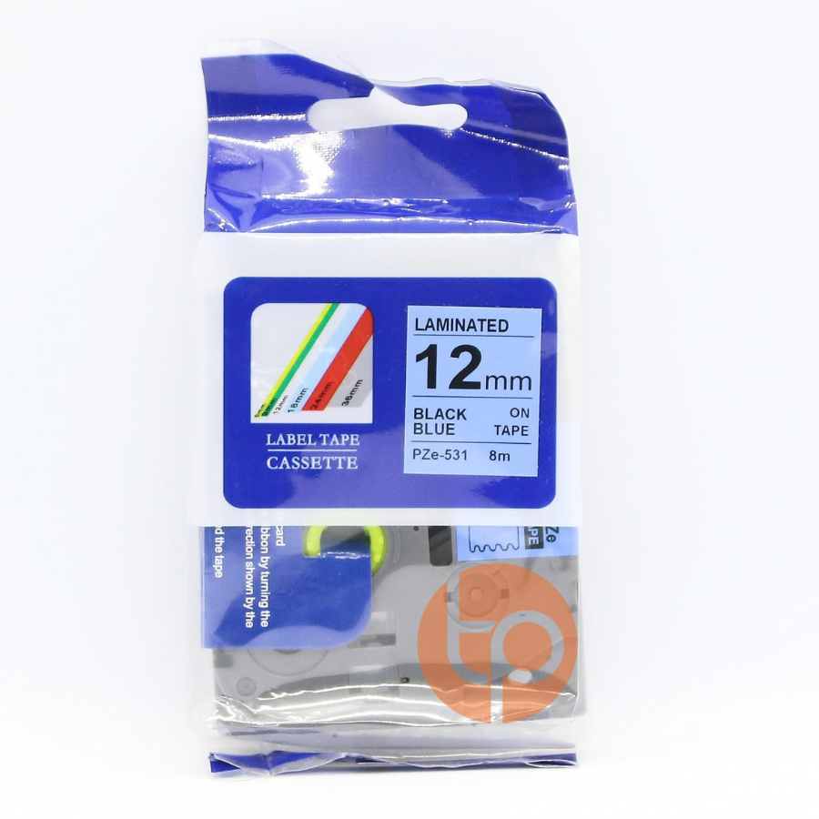 Nhãn in CZE-531, khổ rộng 12mm, dài 8m, chữ đen nền xanh dương.