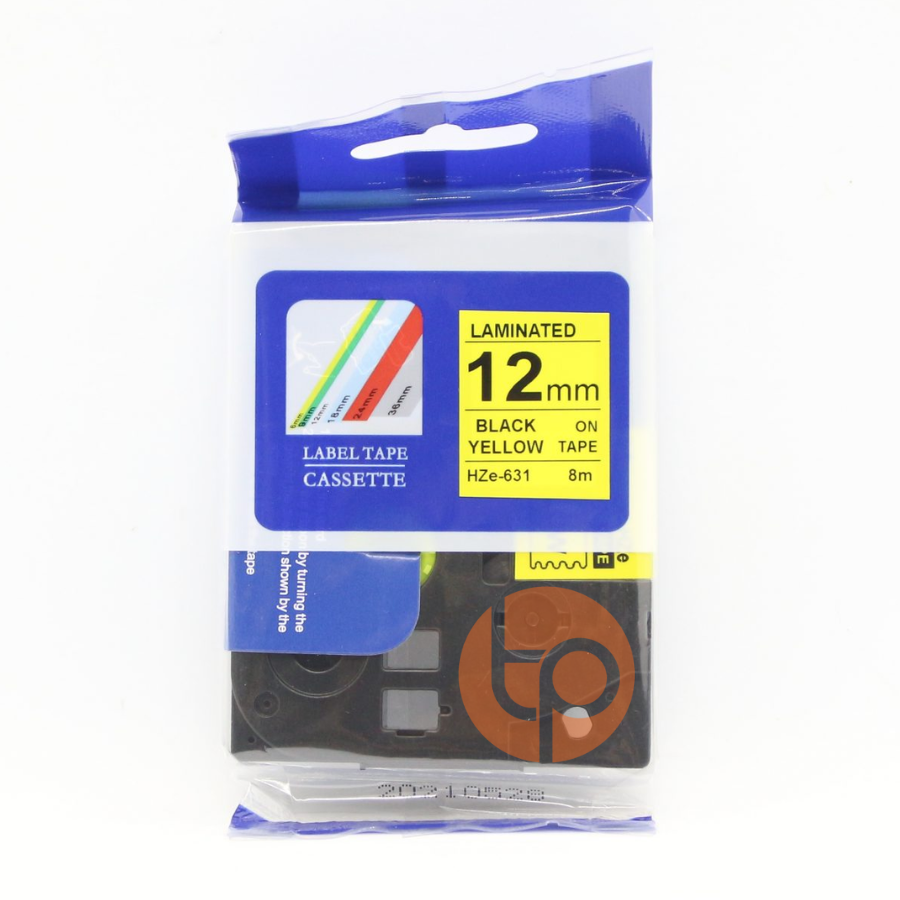 Nhãn in CZE-631, khổ rộng 12mm, dài 8m, chữ đen nền vàng.