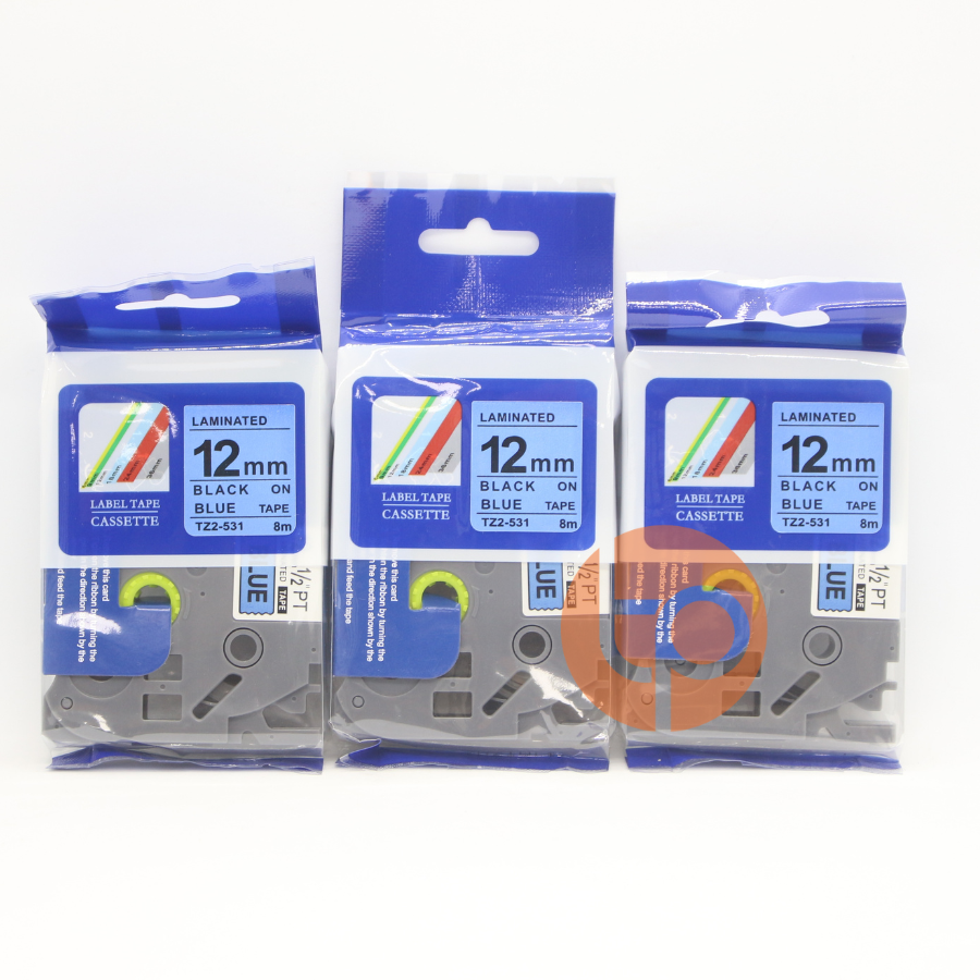 Combo 3 nhãn in Tz2-531, khổ rộng 12mm dài 8m, chữ đen nền xanh dương.