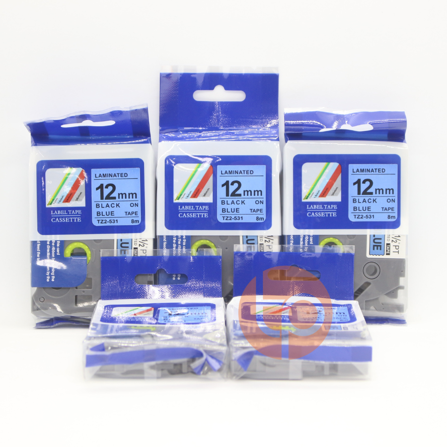 Combo 5 nhãn in Tz2-531, khổ rộng 12mm dài 8m, chữ đen nền xanh dương.
