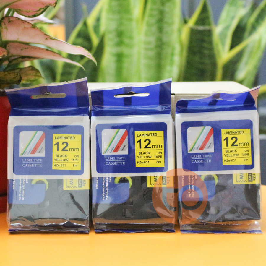 Combo 3 nhãn in Hze-631, khổ rộng 12mm dài 8m, chữ đen nền vàng