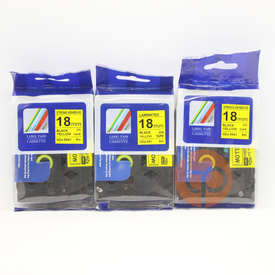 Combo 3 nhãn in Hze-641, khổ rộng 18mm dài 8m, chữ đen nền vàng