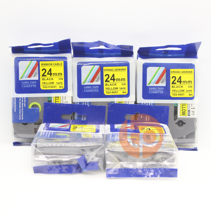 Combo 5 nhãn in Tz2-651, khổ rộng 24mm dài 8m, chữ đen nền vàng