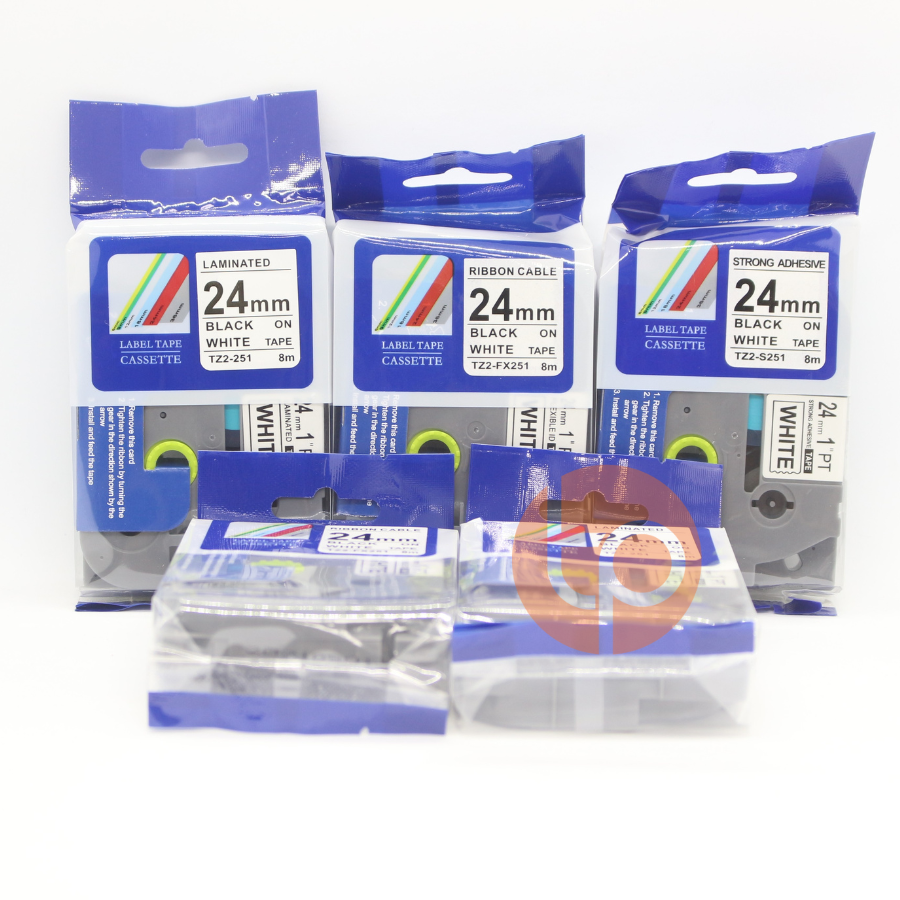 Combo 5 nhãn in Tz2-251, khổ rộng 24mm dài 8m, chữ đen nền trắng.