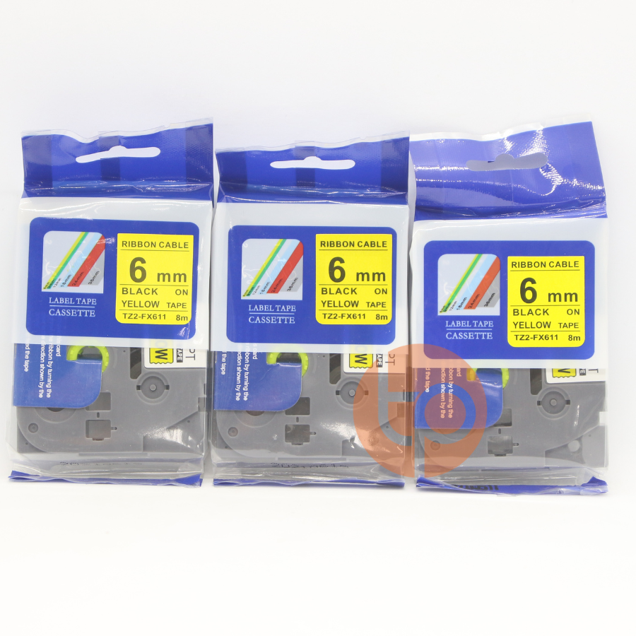 Combo 3 nhãn in Tz2-FX611, khổ rộng 6mm dài 8m, chữ đen nền vàng