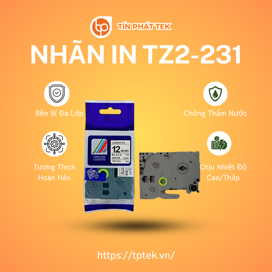 Nhãn in TZ2-231, chữ đen nền trắng