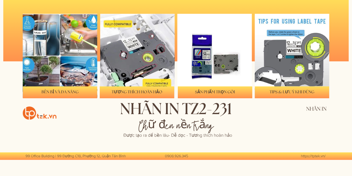 Nhãn in TZ2-231, chữ đen nền trắng, 12mmx8m